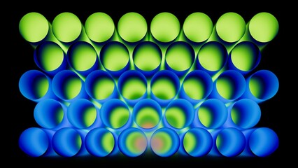Abstract background. Green blue round tubes. Neon circles form a honeycomb-like gradient. 3D render illustration.