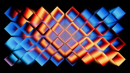 Abstract geometric background. Vibrant gradient grid of square shapes. 3D render illustration.