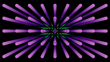 Abstract background. Purple neon tubes radiate outward from a central point against black. 3D render illustration.
