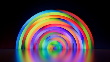 Abstract multicolored background. Concentric neon arcs in rainbow tones rise from a glossy floor. Radiant circular light pattern with strong reflections. 3D render illustration.