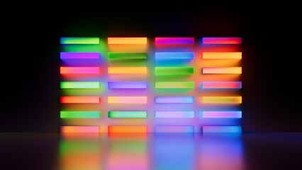 Abstract multicolored geometric background. Neon rectangular blocks glowing in the dark, with floor reflection. 3d illustration