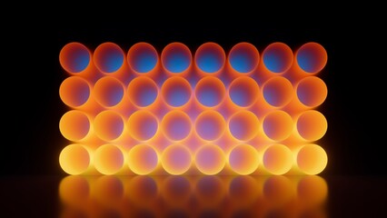Abstract geometric background of round tubes in perspective. Grid of glowing neon circles in warm orange and yellow tones. 3D render illustration.
