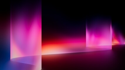 Futuristic abstract neon light background. Vertical laser-like rays creating a smooth wavy path across a dark stage floor, glowing with vibrant pink, purple, and red gradients