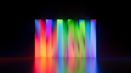 Abstract neon background. Vertical rainbow stripes with multicolored gradients stand on dark reflective ground. Minimal, futuristic light installation look. 3D render illustration