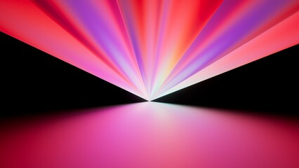 Abstract neon light background. Bright laser rays radiate from a central focus, fanning across a black stage in a dramatic abstract burst. 3D render illustration.