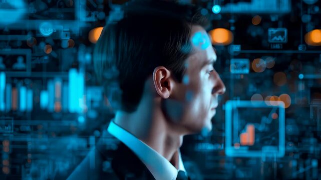 Focused business analyst reviewing live data dashboards with charts and metrics in high tech office environment showing real time analytics and strategy