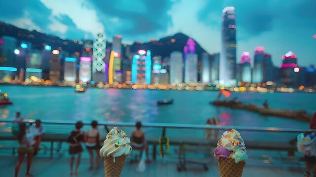 Blunt, detailed, closeup shot of two hands holding ice cream cones by water during sunset or sunrise, with city skyline in the background.