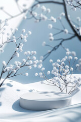 Winter mock-up podium surrounded by snow-covered branches with ample copy space for design
