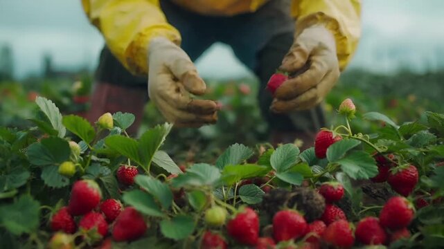 A closeup shot of a person picking strawberries in a field. The person is wearing a yellow jacket and is in the process of picking strawberries. The strawberries are red and ripe.