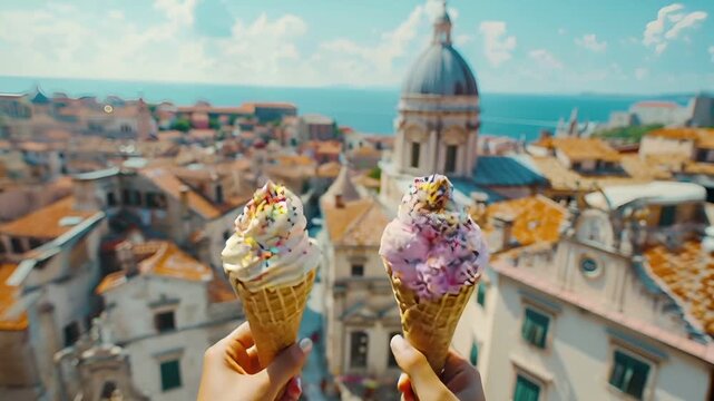 Aerial view of a cityscape with a focus on two hands holding ice cream cones against a panoramic view of the sea and city. The cityscape is a blend of historic and modern architecture.