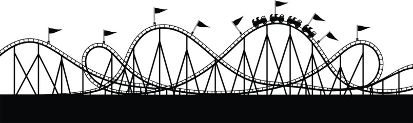 Roller coaster silhouette with looping tracks, steep drops, riders in cars, amusement park attraction illustration for entertainment, thrill ride and theme park design