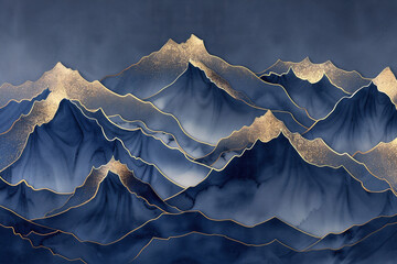 Abstract watercolor illustration of majestic mountains with gold accents and deep blue tones