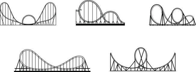 Roller coaster track silhouettes collection amusement park ride structures thrilling loop curves extreme entertainment black vector illustration set