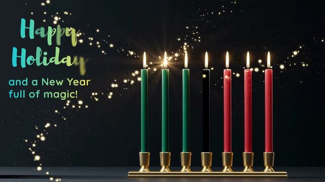 happy holiday; kawanzaa greetings with kinara over magic background