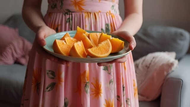 A person in a pink floral dress holds a plate with halved oranges. The oranges are a vibrant orange color, with a glossy sheen, and are arranged in a circular pattern on the plate.