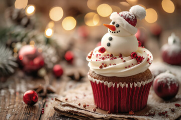 Festive cupcake topped with snowman decoration, perfect for winter holiday season celebrations