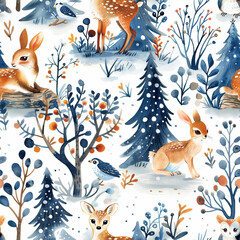 Winter seamless pattern featuring cute animals and trees for a festive Christmas background
