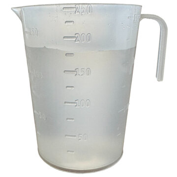 Transparent plastic measuring cup filled with water isolated on white background. Kitchen container with volume scale markings. Clean cutout for cooking, baking, and recipe concepts.