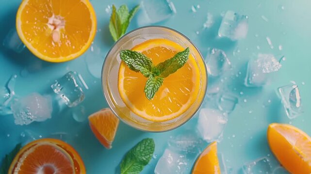 A vibrant, closeup shot of a glass of orange juice with a slice of orange and a sprig of mint. The glass is filled with a clear liquid, likely a citrus juice.