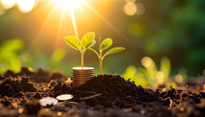 Two small plants sprout from a coin stack in soil with sunlight