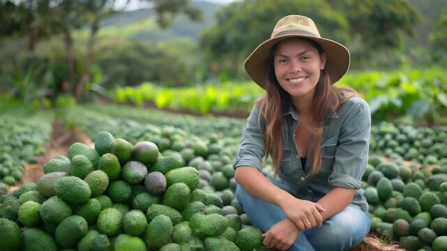 A woman in a sun hat sits amidst a field of avocados, with a backdrop of lush greenery and a mountainous landscape.