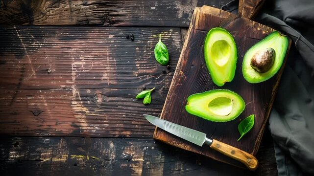 A topdown view of a rustic wooden table with a halved avocado on a cutting board. The avocado is a vibrant green, with a smooth texture and a slightly glossy sheen. The tables dark.