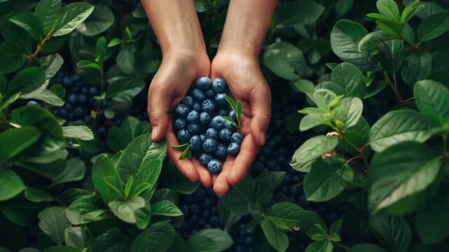 A closeup image of a persons hands holding a handful of blueberries. The style is candid and natural, capturing the essence of the moment rather than intricate details.