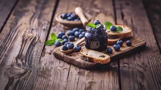 A rustic wooden table holds a jar of blueberry jam, a slice of bread, and fresh blueberries. The scene is bathed in natural light, highlighting the textures and colors of the food.