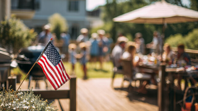 American flag waving during family backyard BBQ party