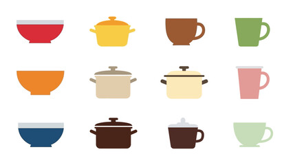 Colorful flat vector icon set of kitchen and cooking items including pots, bowls, utensils, cups, and food-related objects in a clean illustrative style
