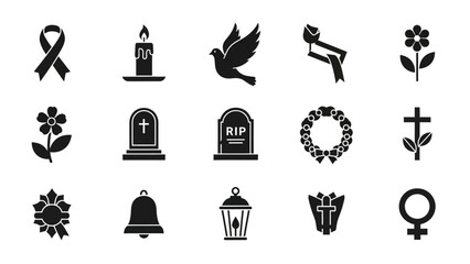 Colorful flat vector icon set of funeral and condolence elements including flowers, wreaths, candles, ribbons, and sympathy symbols in a clean illustrative style

