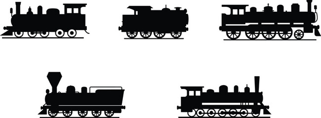 Silhouettes of vintage steam locomotives on railway tracks, classic train engine illustration collection showing old transportation history, retro mechanical travel design © Akhi's orld