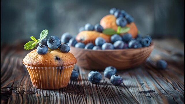 blueberry muffins with fresh blueberries and mint leaves on a rustic wooden surface.