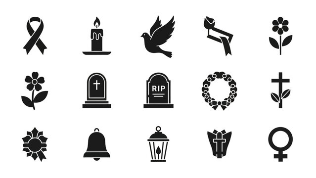 Colorful flat vector icon set of funeral and condolence elements including flowers, wreaths, candles, ribbons, and sympathy symbols in a clean illustrative style
