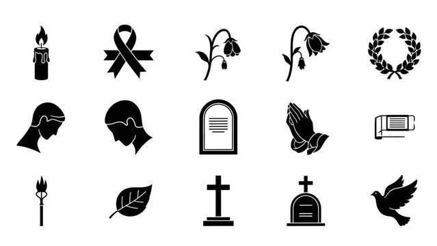 Alternative mourning icon set with different funeral and condolence symbols presented in a simple black silhouette vector style