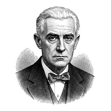 Black and white vintage engraving, close-up headshot portrait of Joseph Maurice Ravel, the famous historical French classical music composer, pianist and conductor, white background, greyscale