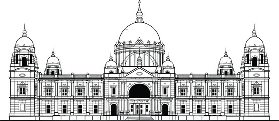 Victoria Memorial Kolkata architectural line art illustration detailed heritage monument landmark India classic symmetry engraving style black white vector drawing