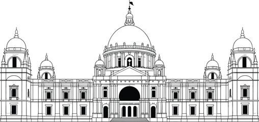 Victoria Memorial Kolkata detailed architectural line art illustration iconic Indian heritage monument symmetrical domed palace engraving style black white vector