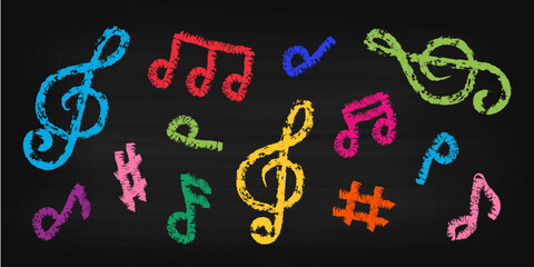 Chalk musical notes vector set. Colorful hand drawn music notes on chalk background. Pastel crayon and chalk textures, doodle style treble clefs and music symbols. Fun, childlike sketch.