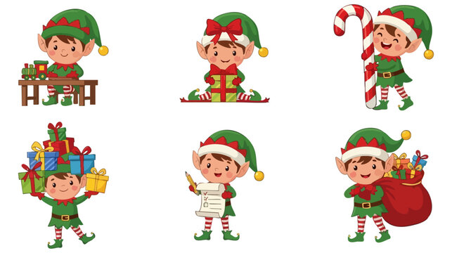 Cute Christmas Elf Vector Art Set with Transparent Background: Cartoon Holiday Helper Characters, Santa's Workshop, and Festive Presents