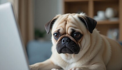 During an online veterinary session, a worried pug dog was fixated on a laptop.