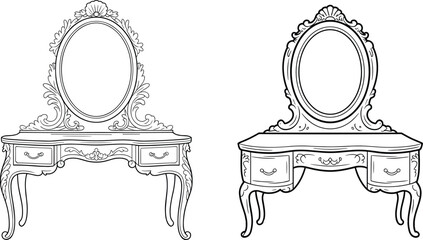 Vintage vanity table with mirror line art illustration elegant classic furniture antique dressing table ornate baroque style black white