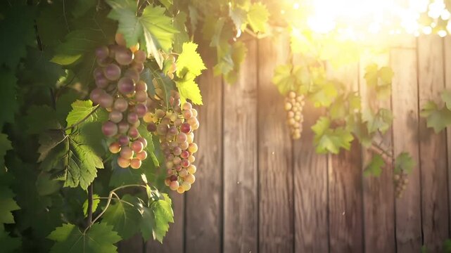 A closeup of a bunch of grapes hanging from a vine, with sunlight filtering through the leaves. The grapes are vibrant and varied in color.