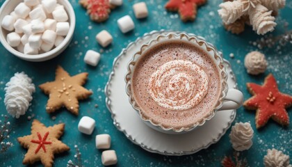 Christmas Hot Chocolate on a Festive Table with Marshmallows and Holiday Cookies
