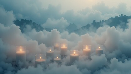 Candles floating in a soft mist: an abstract landscape of introspection and tranquility