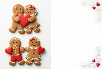 Holiday gingerbread couples holding red hearts for Christmas, New Year and Valentine's Day. Festive winter cookies on white background with copy space for greeting card.