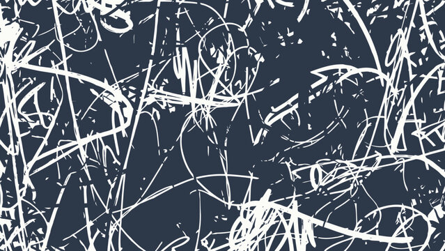 White Scribbles Abstract Pattern on Dark Blue Background, Distressed Grunge Style