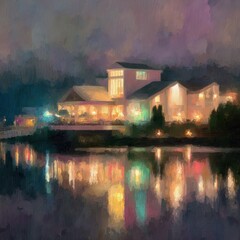 Buildings at Night Reflected in Water