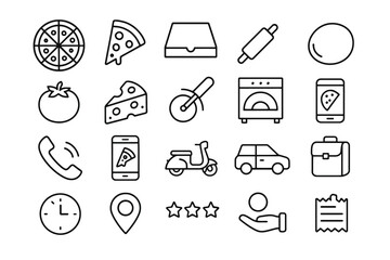 Pizza and delivery icons: food, transport, and tools line art set