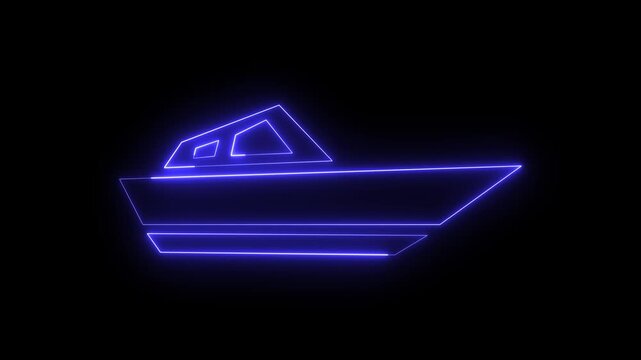 Blue neon boat outline animation on black background, abstract travel, maritime transport, ocean voyage, or nautical journey